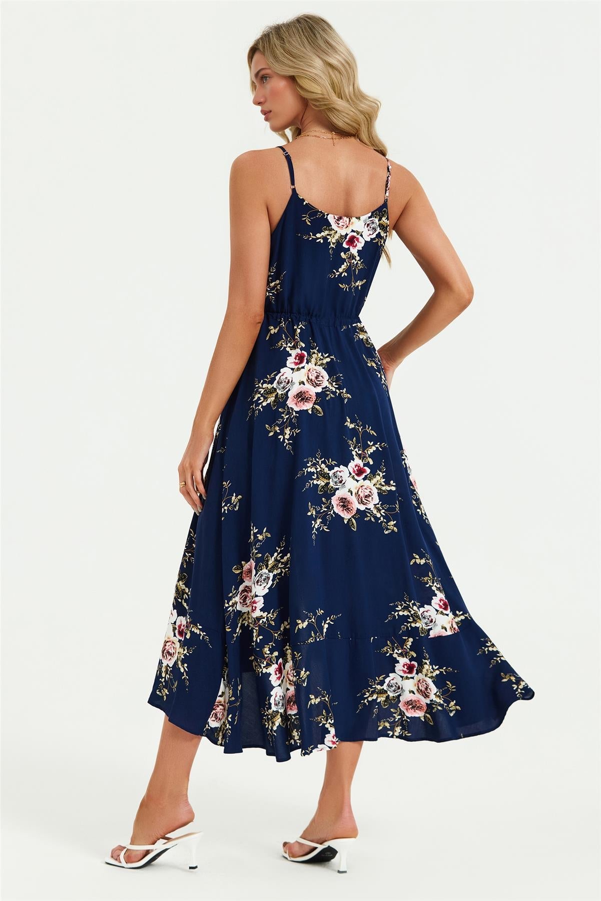 Floral Print Button Down High Low Strappy Dress In Navy