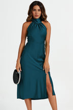 Satin Halter Neck Tie Back Midi Dress In Teal