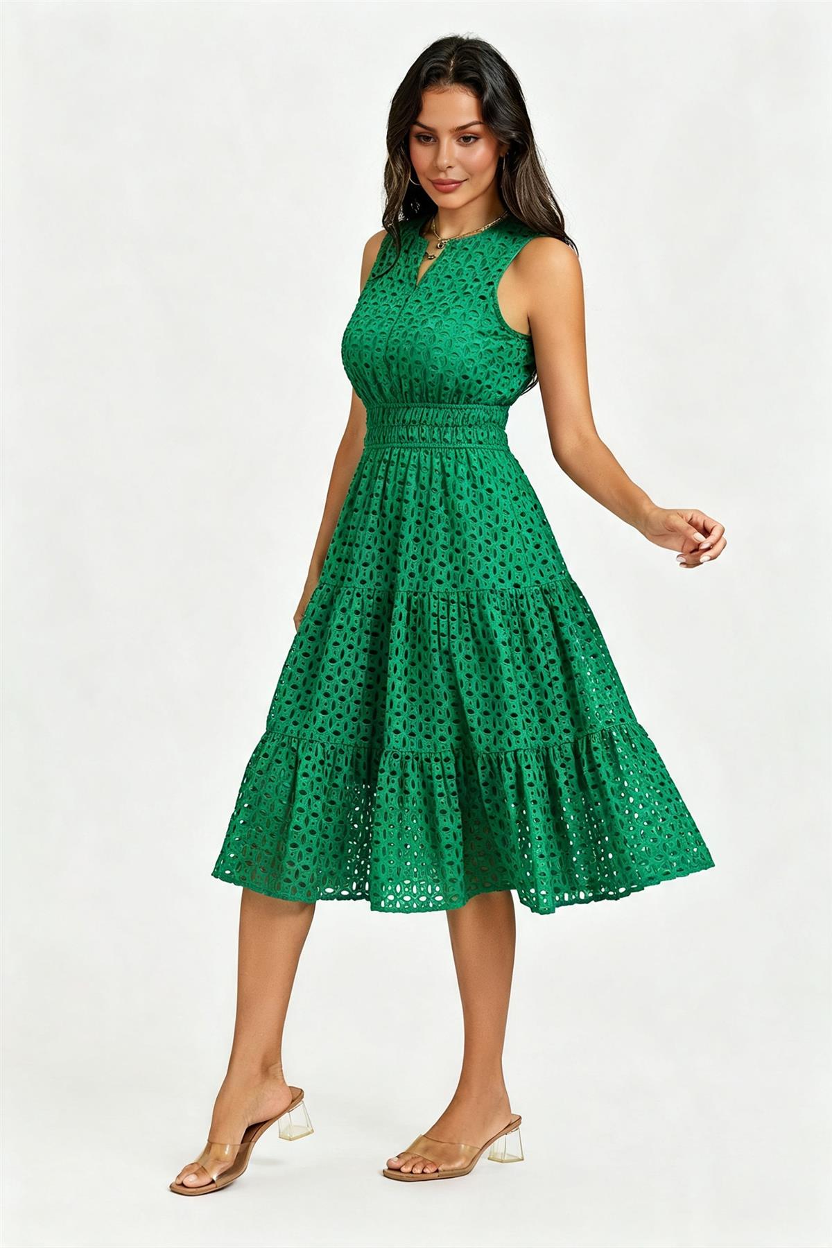 Sleeveless Broderie Anglaise Midi Dress In Green