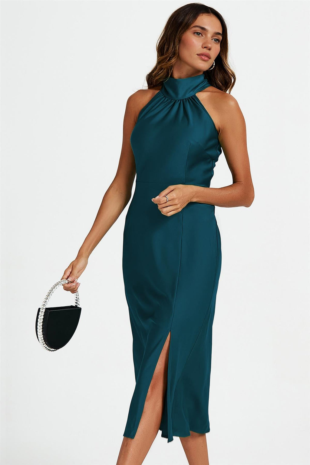 Satin Halter Neck Tie Back Midi Dress In Teal