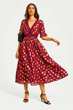 Gold Foil Long Sleeve Lace Trim V Neck Maxi Dress In Wine