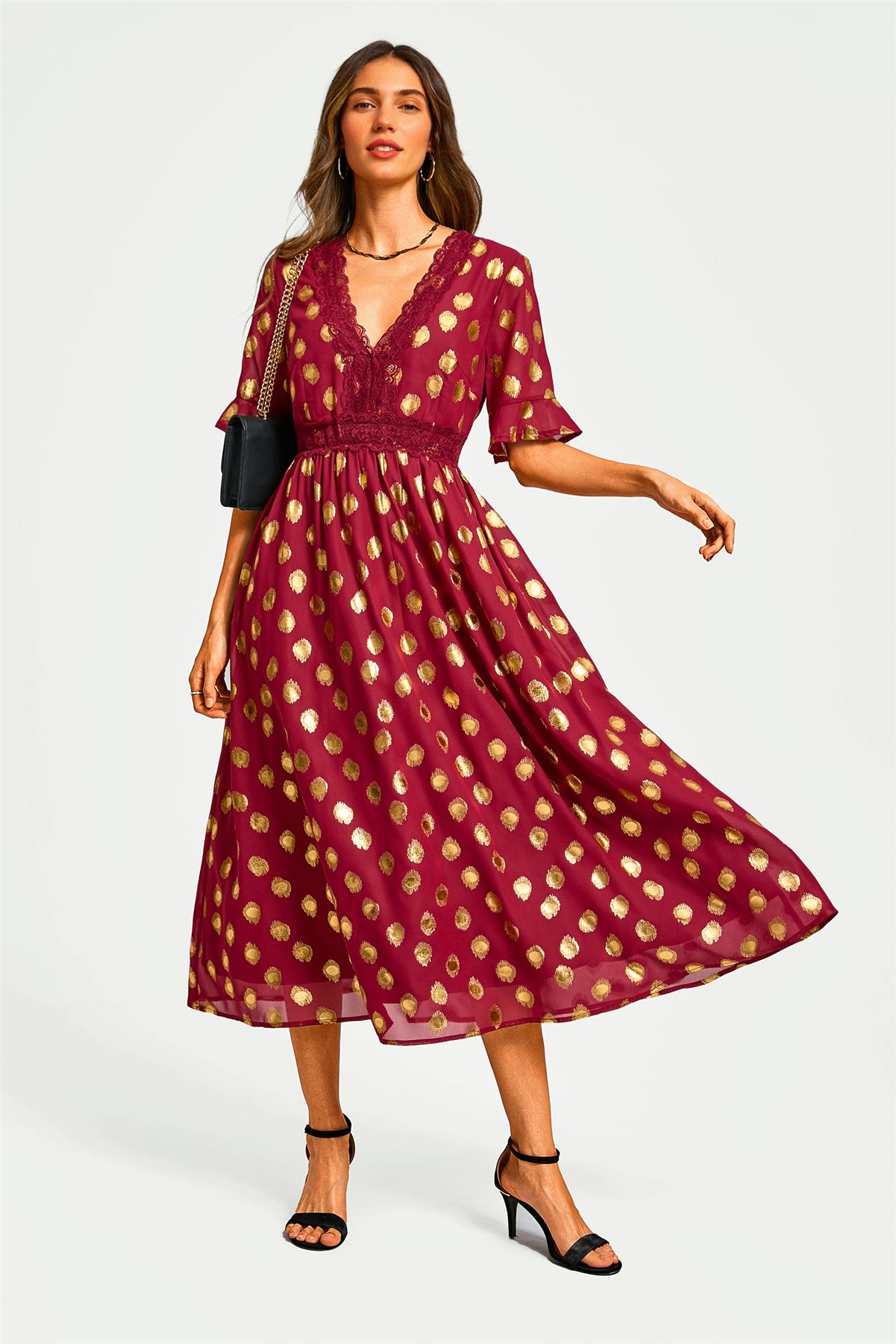 Gold Foil Long Sleeve Lace Trim V Neck Maxi Dress In Wine
