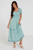 Robe longue Bardot bleue avec dentelle