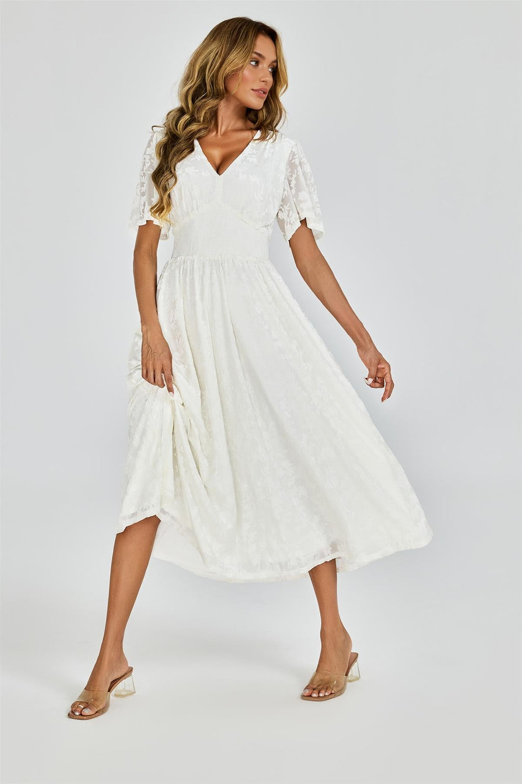 Off White Velvet Burnout V-Neck Angel Sleeve Midi Dress