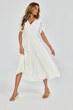 Off White Velvet Burnout V-Neck Angel Sleeve Midi Dress