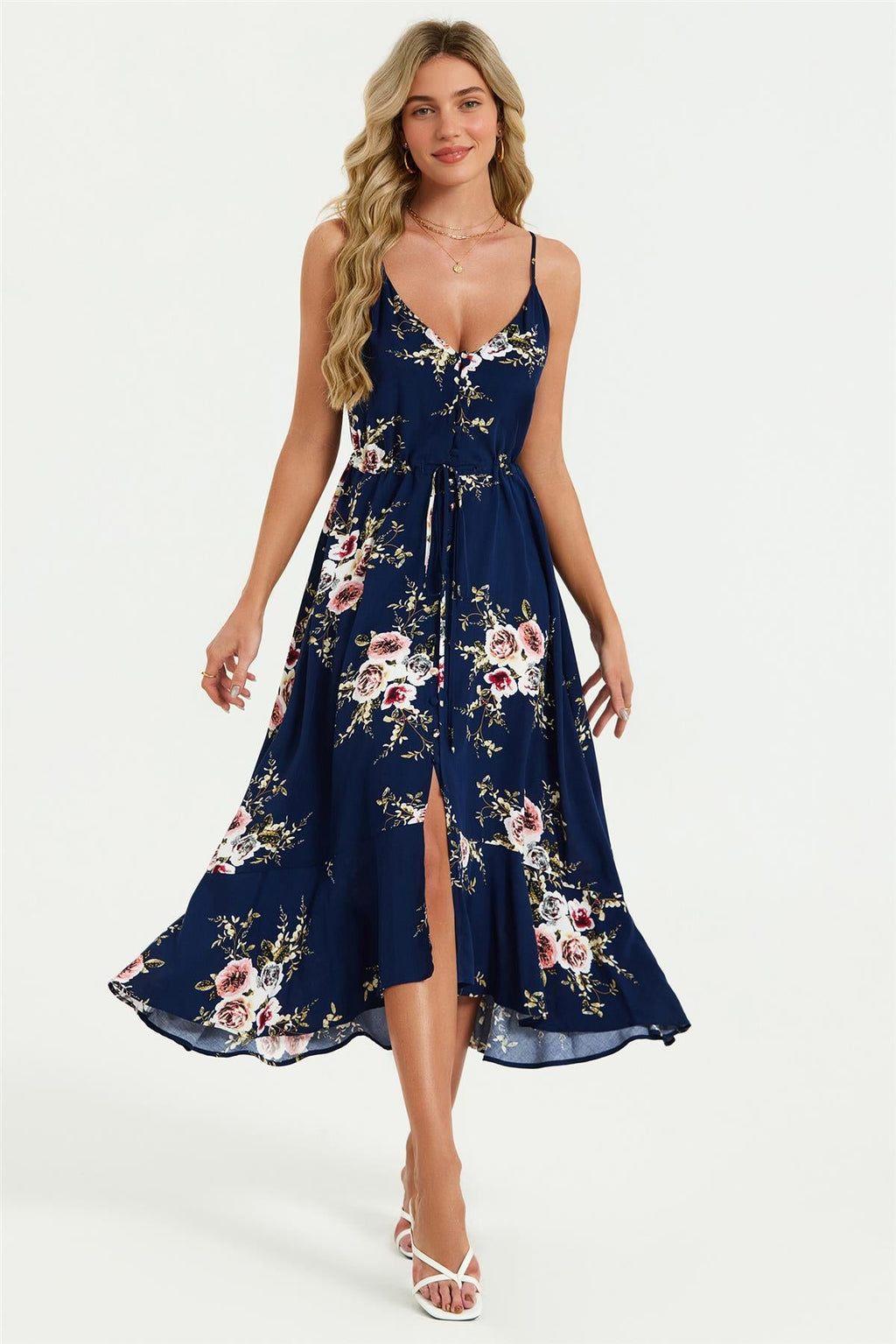 Floral Print Button Down High Low Strappy Dress In Navy