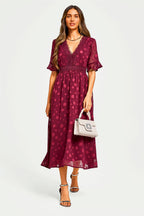 Polka Dot Jacquard Long Sleeve Lace Trim V Neck Maxi Dress In Wine