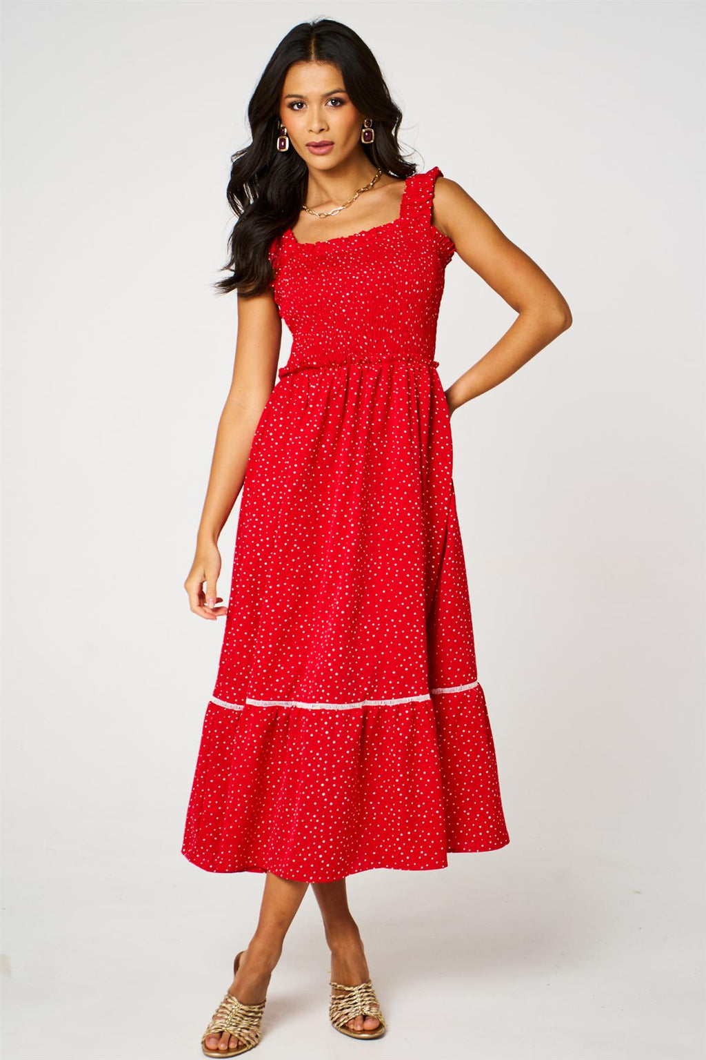 Dot Print Hem Detail Maxi Dress In Red