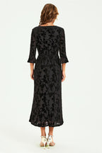 Floral Velvet Devore Lace Trim Neckline Midi Dress In Black