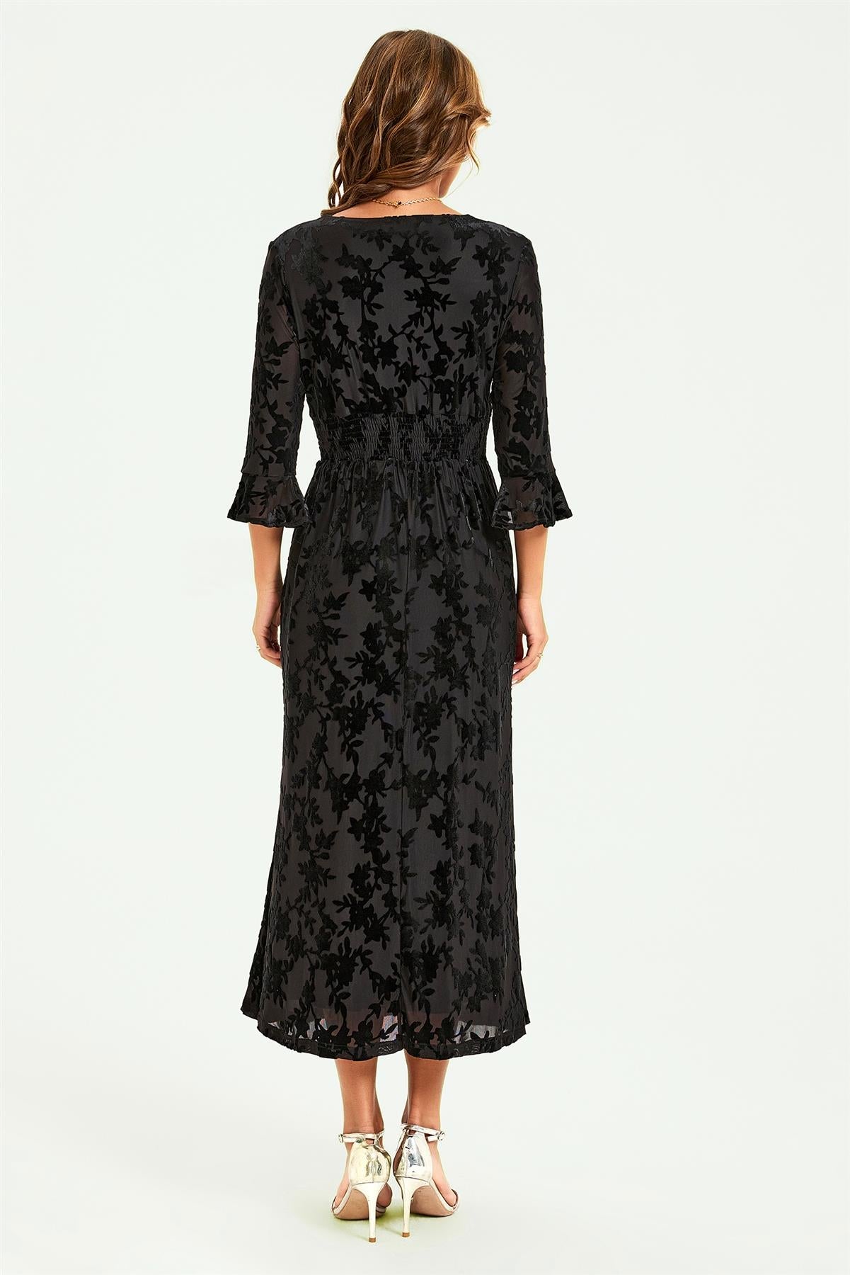 Floral Velvet Devore Lace Trim Neckline Midi Dress In Black