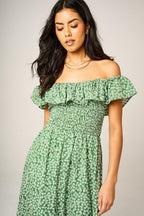 Little Floral Print Hem Frill Detail Bardot Midi Dress In Green