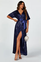 Wrap Style Sequin Maxi Dress In Navy
