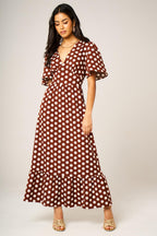 Dot Print Angel Sleeve V Neck Frill Hem Midi Dress In Brown