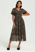 Leopard Print Lace Trim On Sleeve Midi Dress In Brown