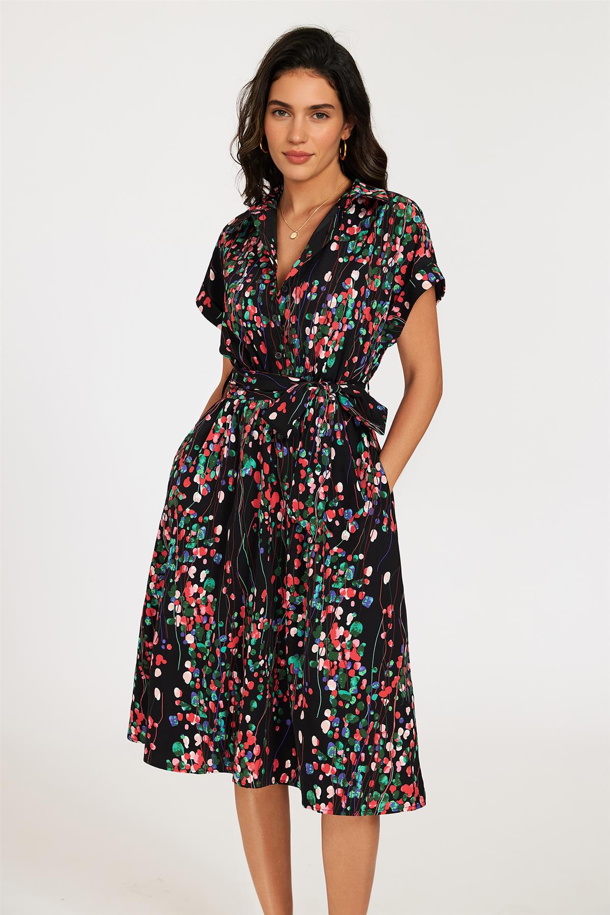 Black Floral Shirt Midi Dress with Tie Waist and Short Sleeves