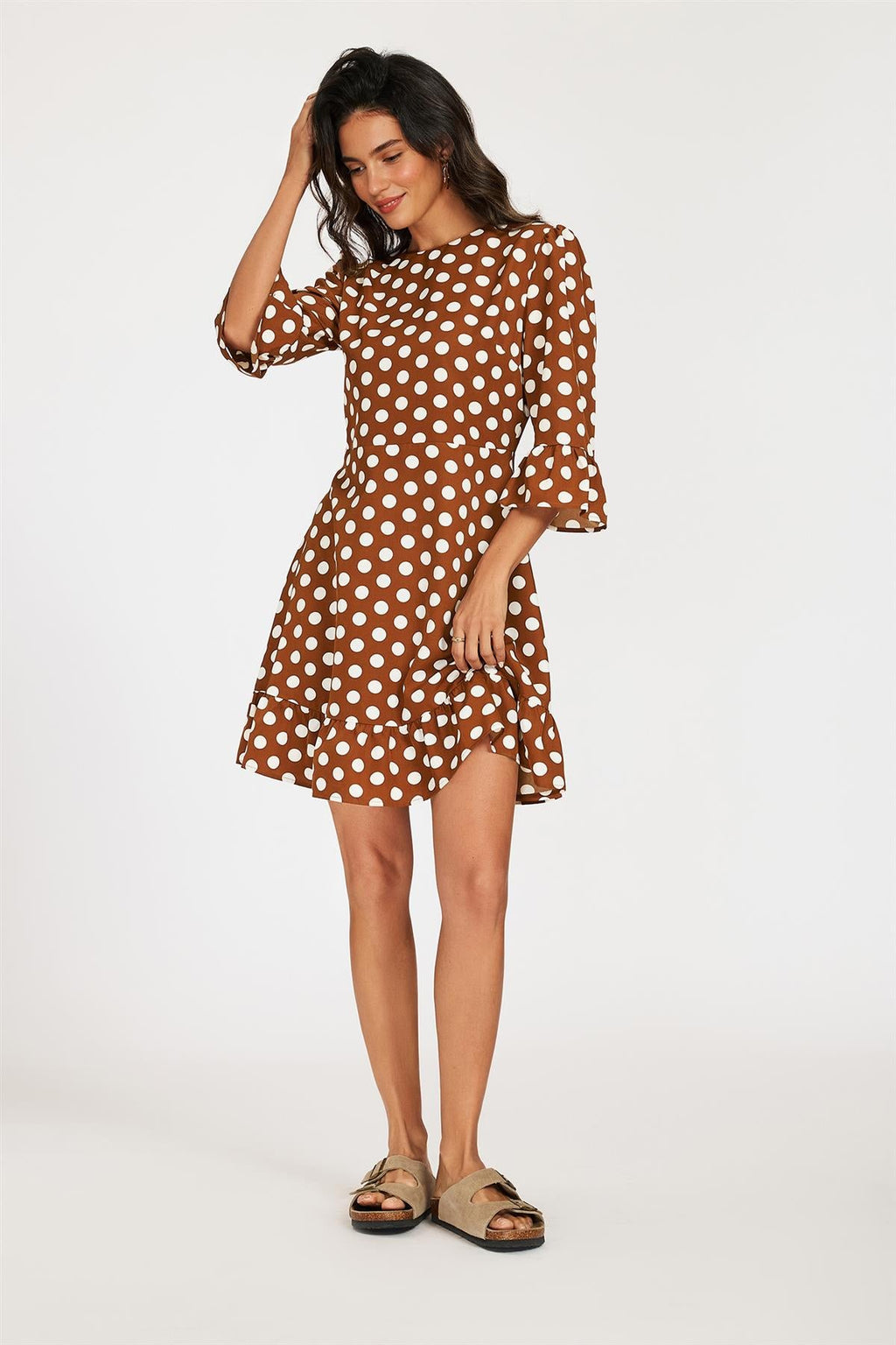 Polka Dot Print Frill Detail Mini Dress In Brown