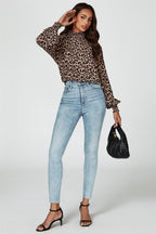 Leopard Print Long Sleeve High Neck Blouse In Brown