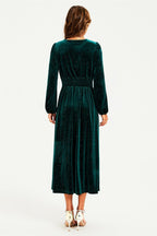 Silver Foil Velvet Lace Trim Neckline Midi Dress In Green