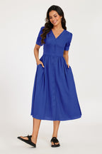 Button Front Short Sleeve Midi Dress In Blue