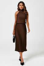 Brown Satin Midi Skirt