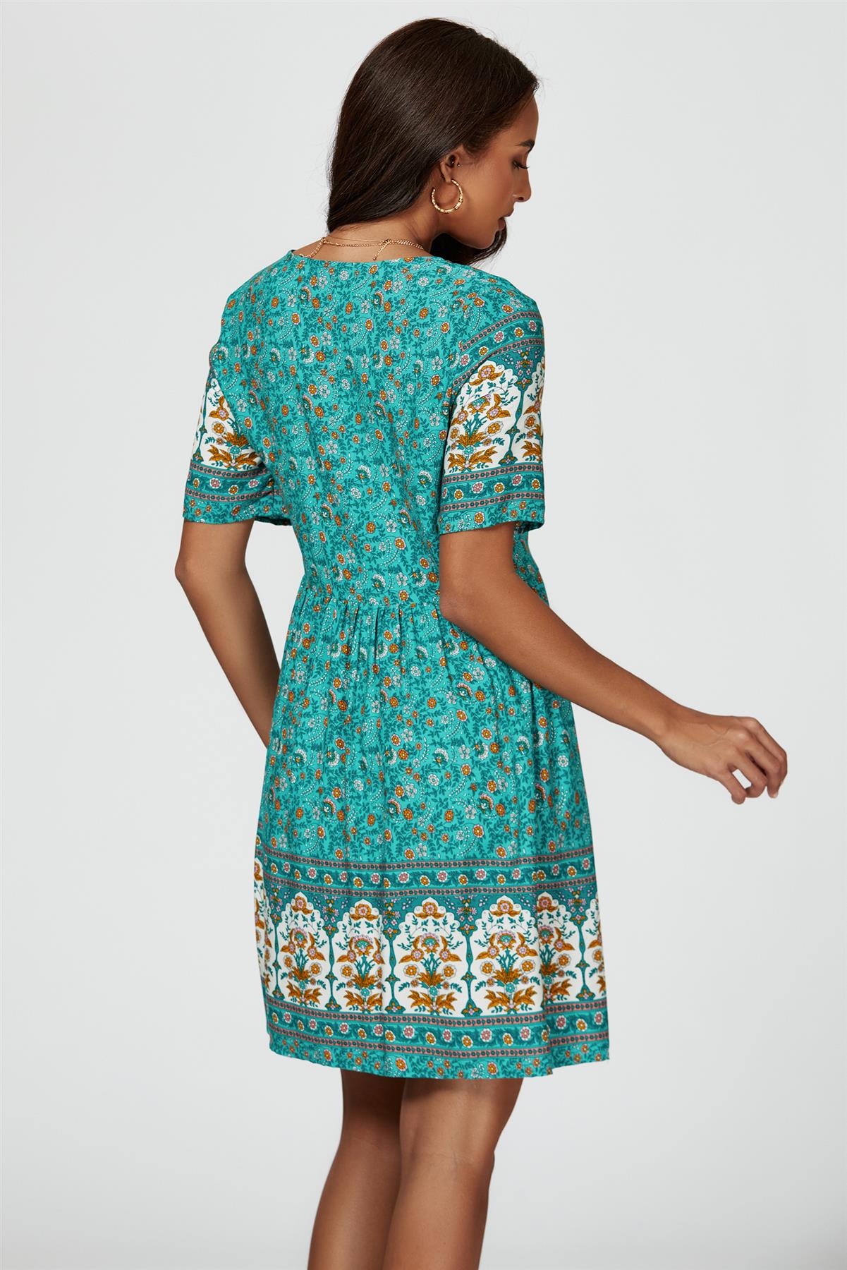 Print Boho Mini Dress In Green