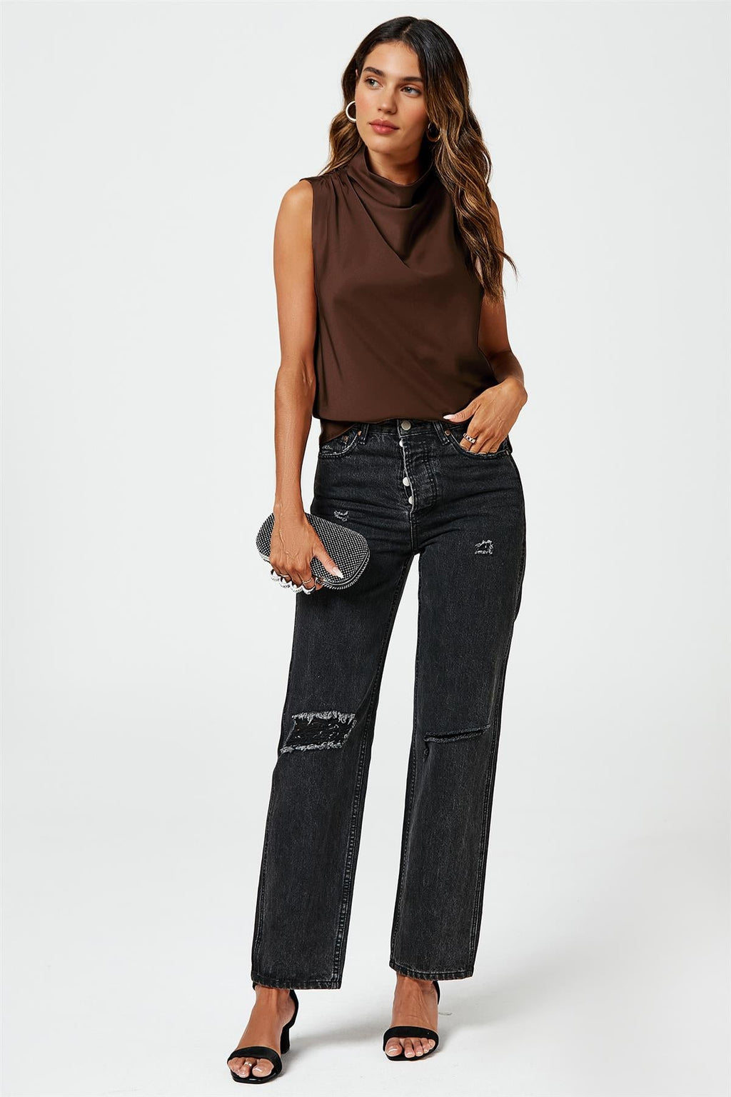 Satin High Neck Sleeveless Blouse In Brown