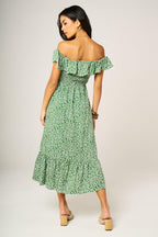 Little Floral Print Hem Frill Detail Bardot Midi Dress In Green
