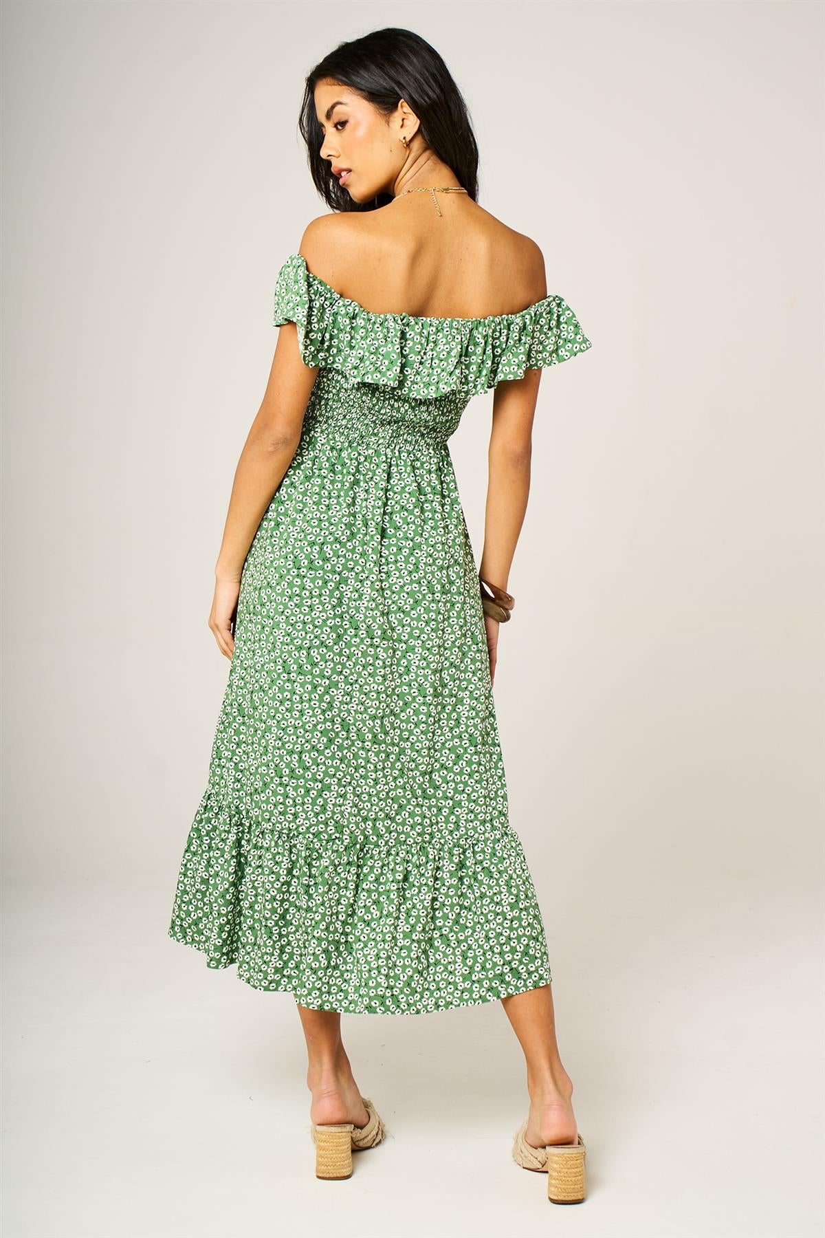 Little Floral Print Hem Frill Detail Bardot Midi Dress In Green
