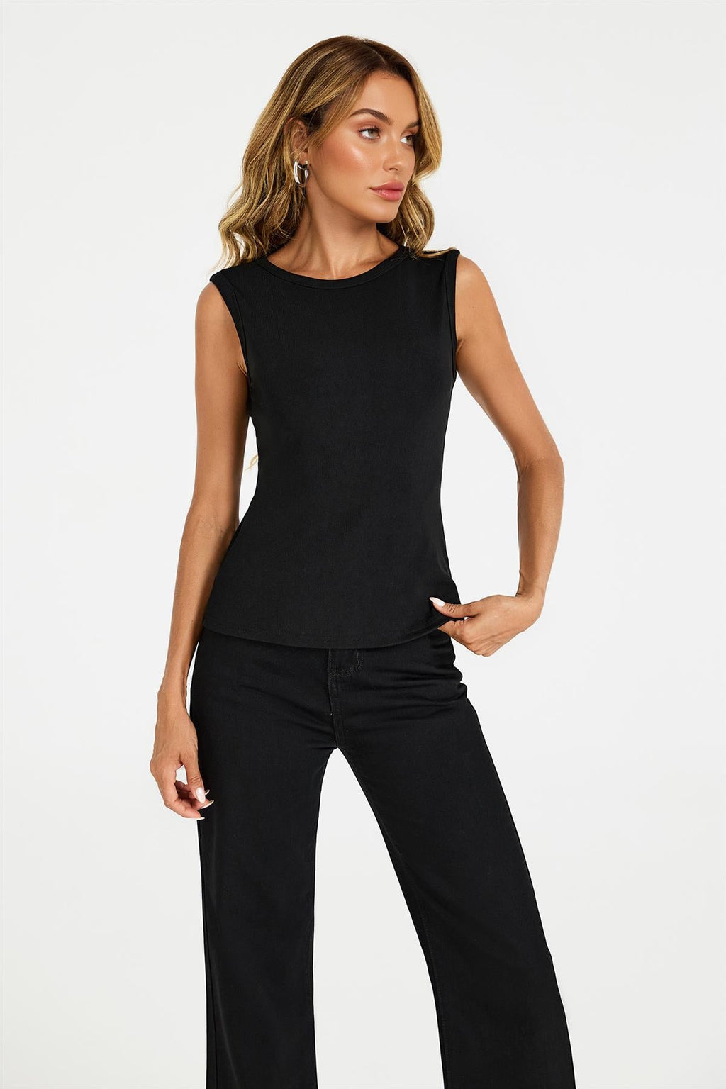 Sleeveless Jersey Crew Neck Top Black