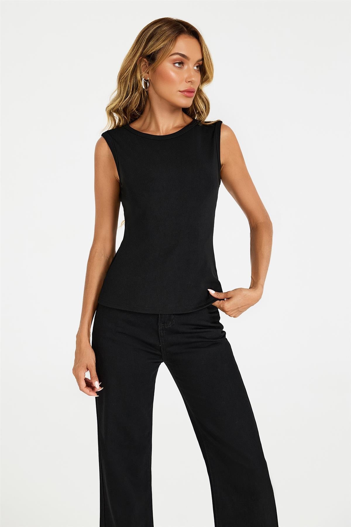 Sleeveless Jersey Crew Neck Top Black