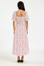 Floral Print Angel Sleeve Heart Neckline Midi Dress In White