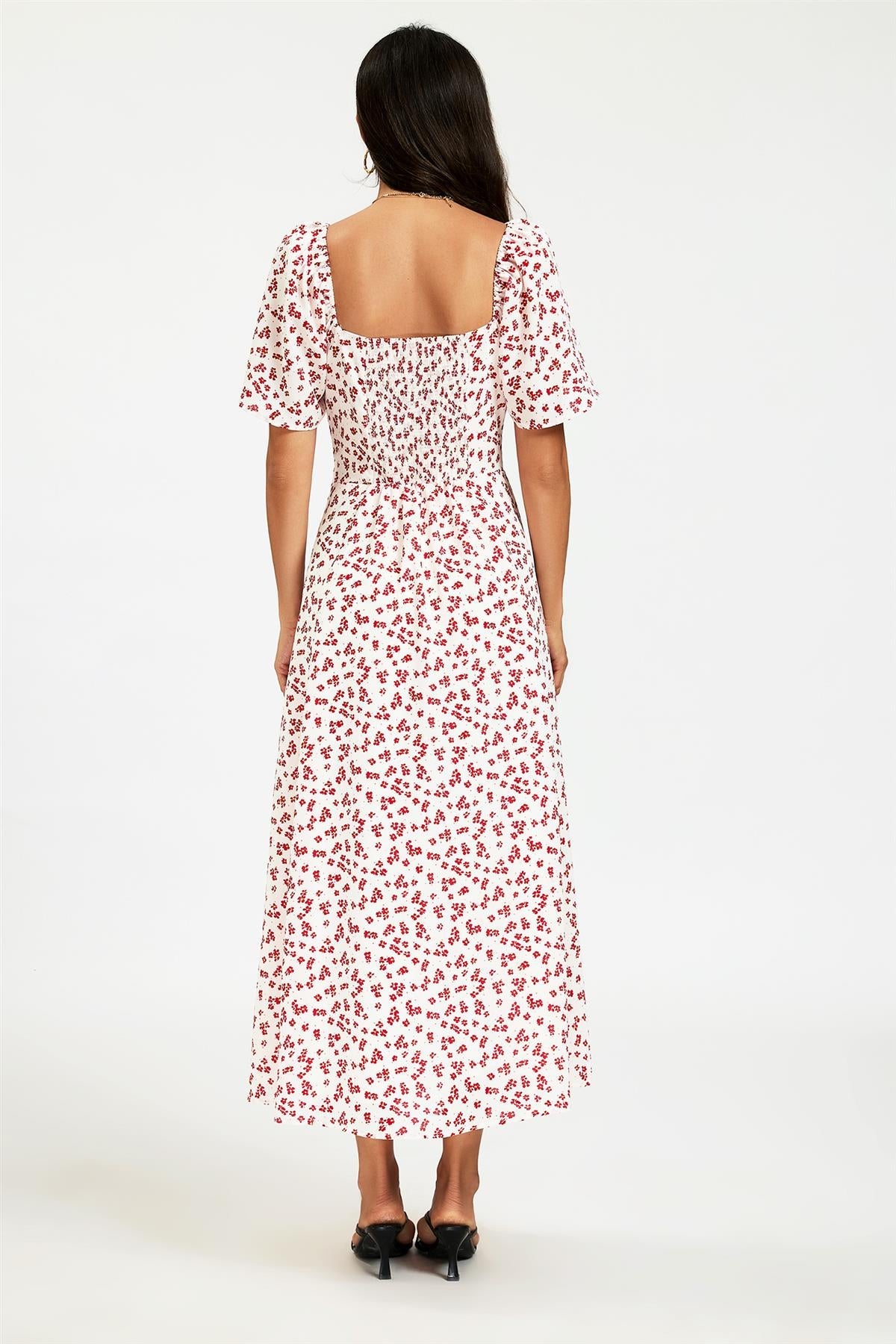Floral Print Angel Sleeve Heart Neckline Midi Dress In White