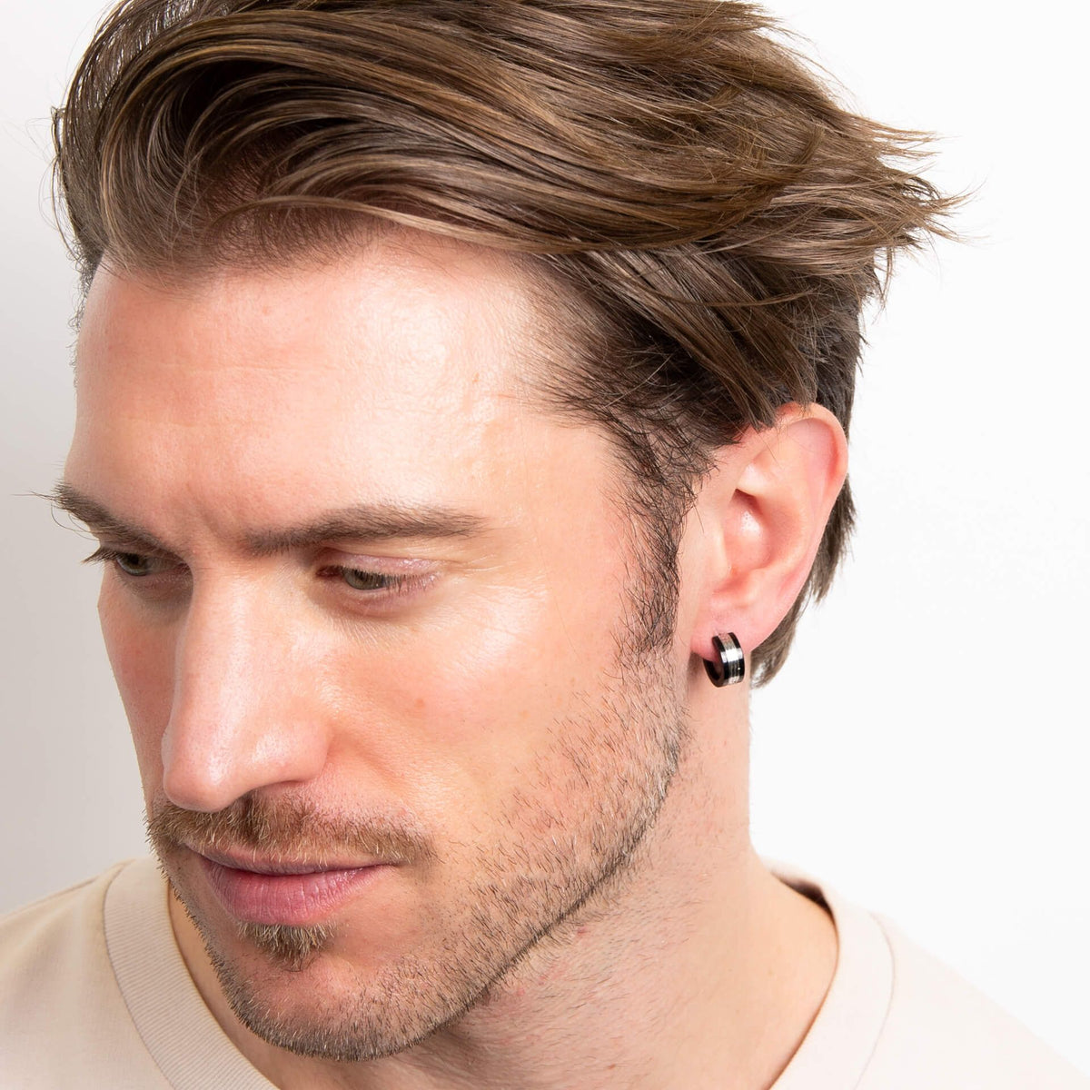 Fred Bennett Stainless Steel and Black Detail Hoop Earrings