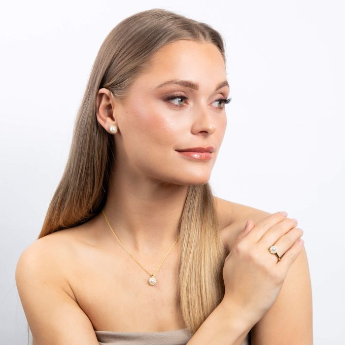 Diamonfire Shell Pearl and Zirconia Halo Stud Earrings