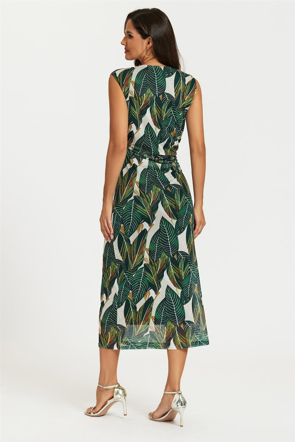 Leaf Print Mesh Maxi Dress In Green
