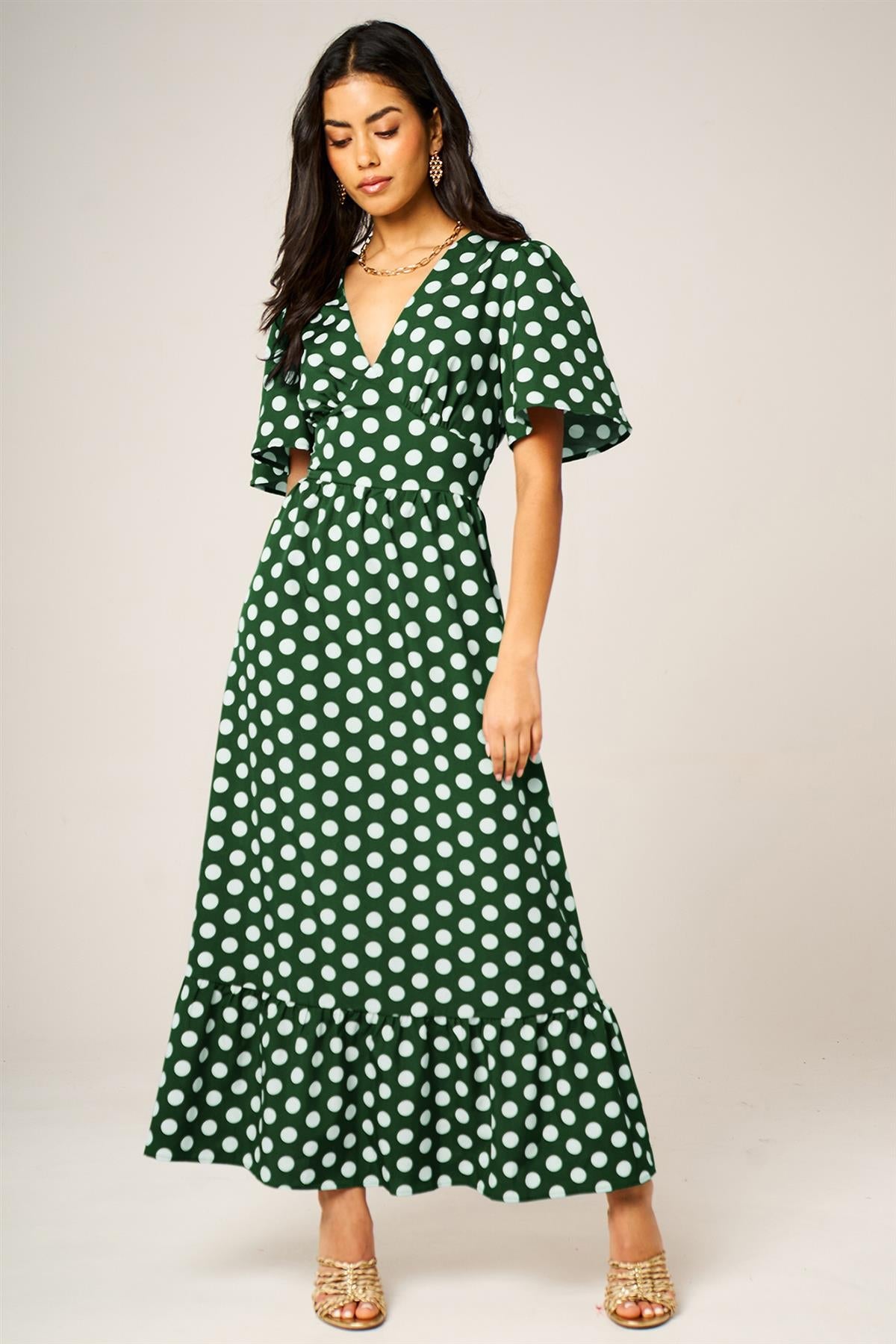 Dot Print Angel Sleeve V Neck Frill Hem Midi Dress In Green