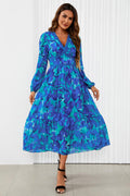 Floral Print Long Sleeve Maxi Dress In Blue
