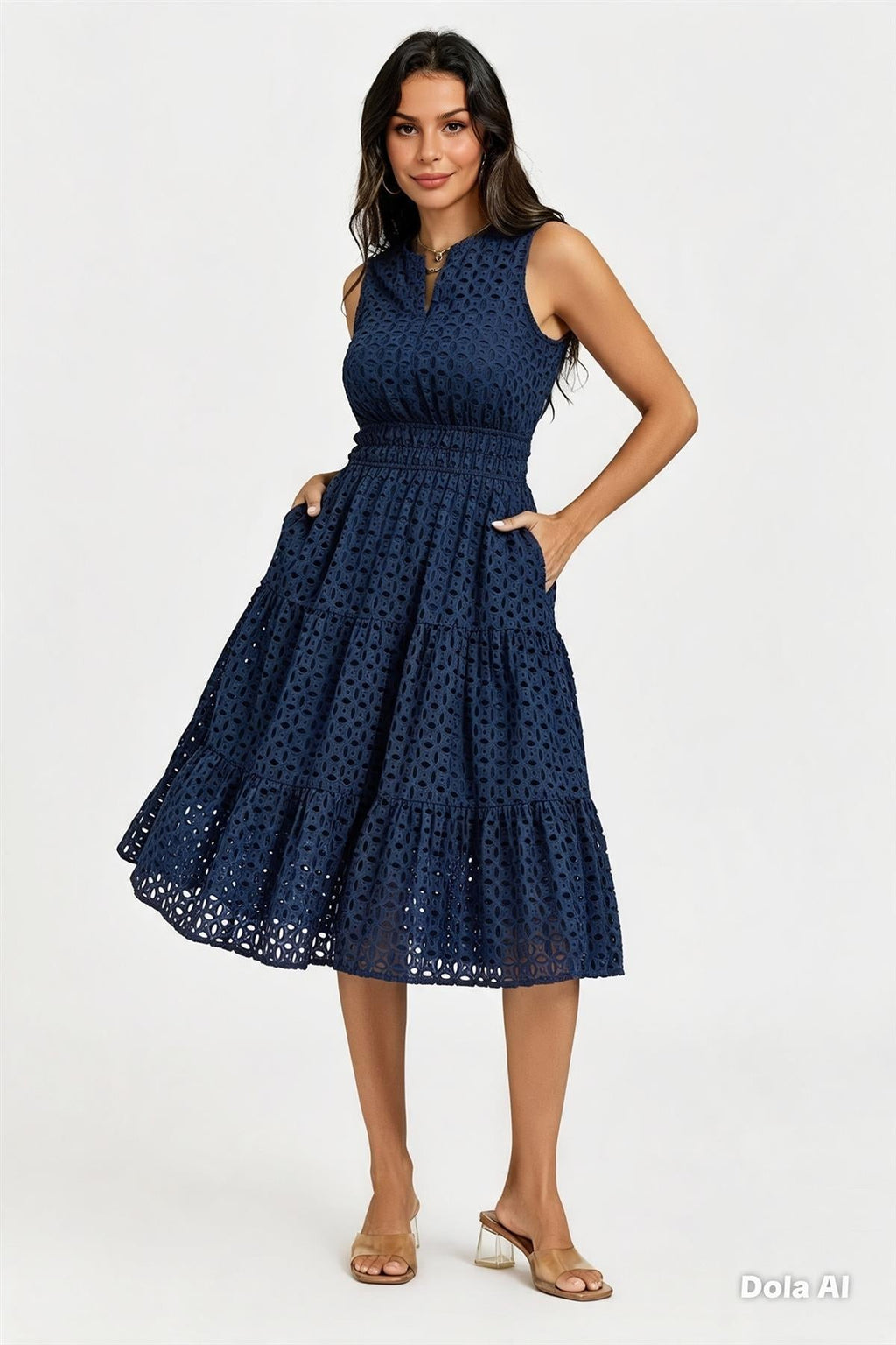 Sleeveless Broderie Anglaise Midi Dress In Navy