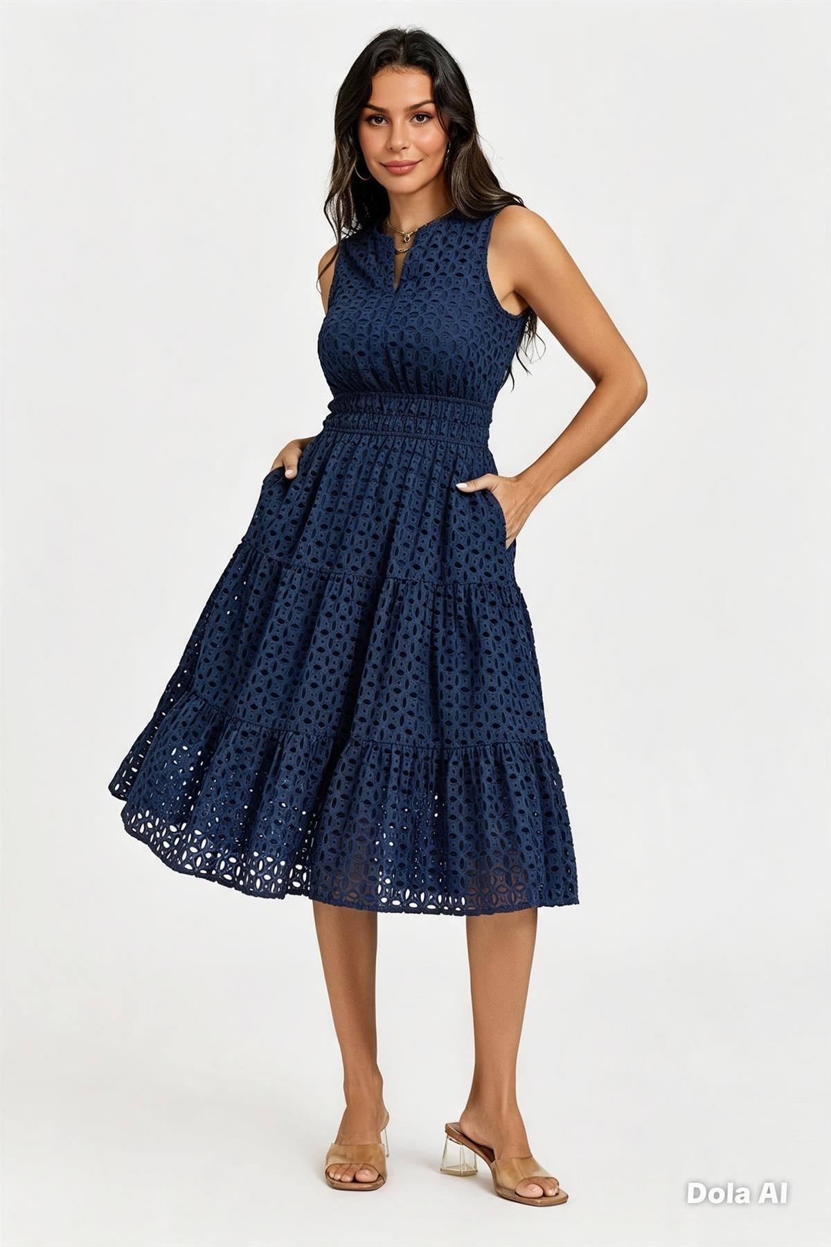 Sleeveless Broderie Anglaise Midi Dress In Navy