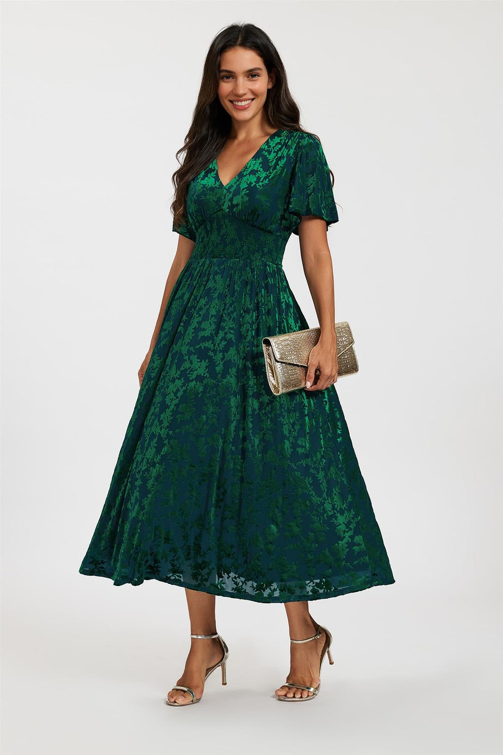 Green Velvet Burnout V-Neck Angel Sleeve Midi Dress