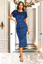Floral Velvet Devore Puff Sleeve Bodycon Midi Dress In Navy