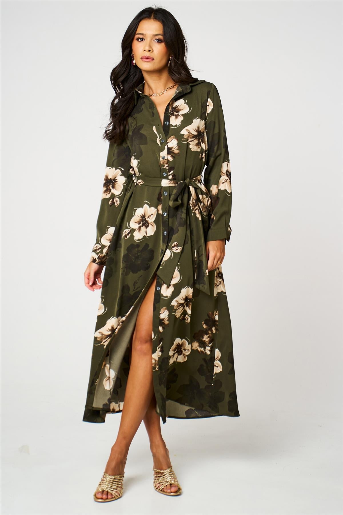 Large Floral Long Sleeve Belted Shirt Dress In Olive Green