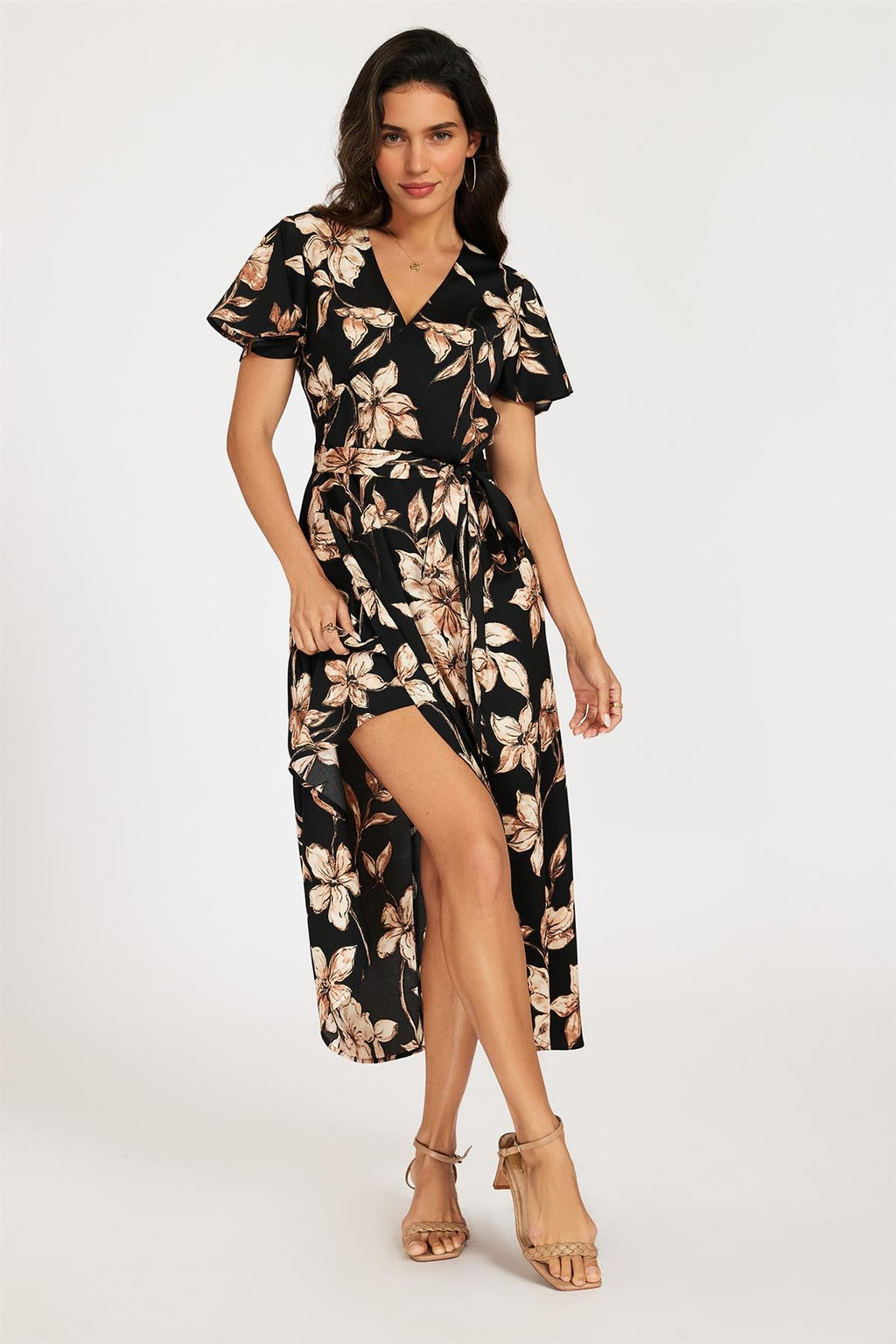 Black & Brown Floral Print Wrap Maxi Dress