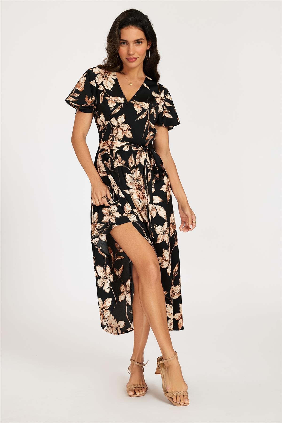 Black & Brown Floral Print Wrap Maxi Dress