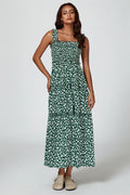 Floral Print Hem Detail Tiered Maxi Dress In Green