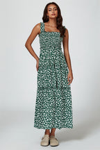 Floral Print Hem Detail Tiered Maxi Dress In Green