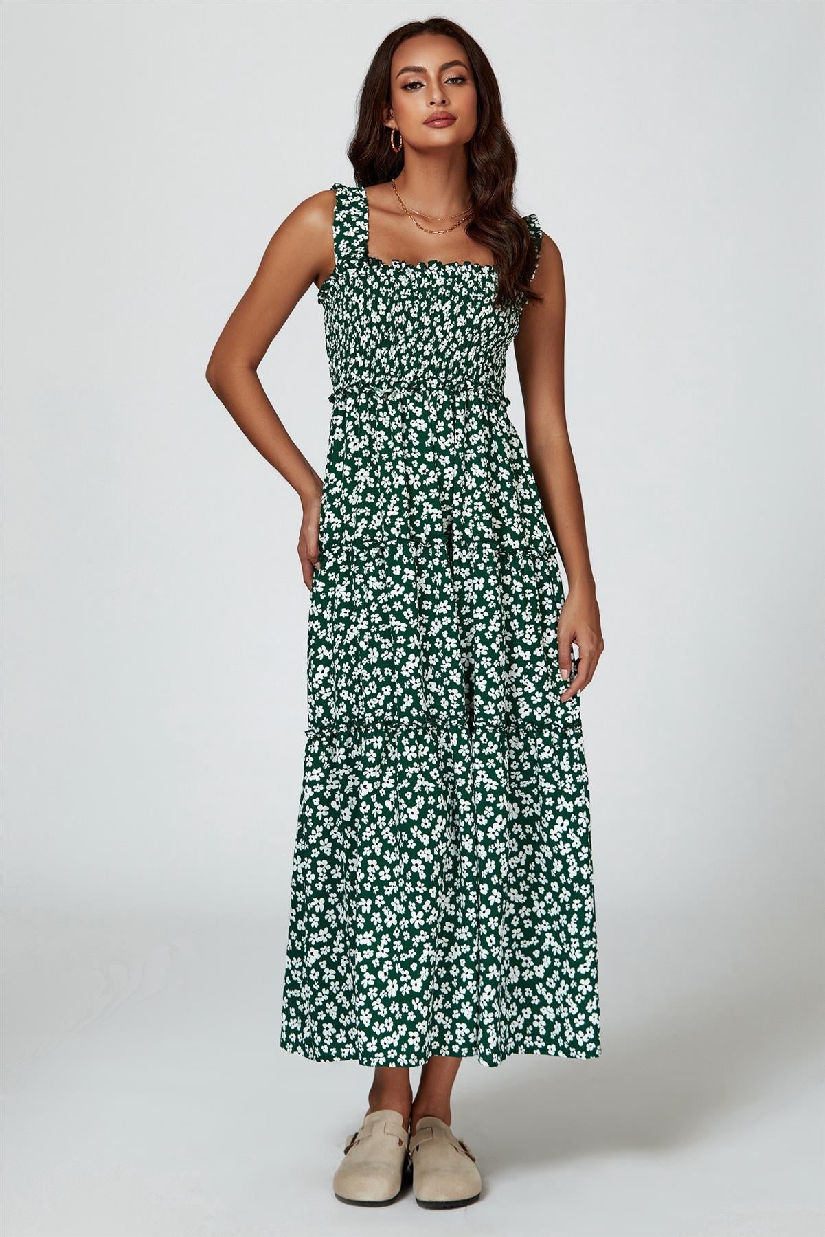 Floral Print Hem Detail Tiered Maxi Dress In Green