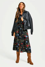 Black Floral Print Shirt Midi Dress With Tie Waist + Gold Stretch Leaf Belt