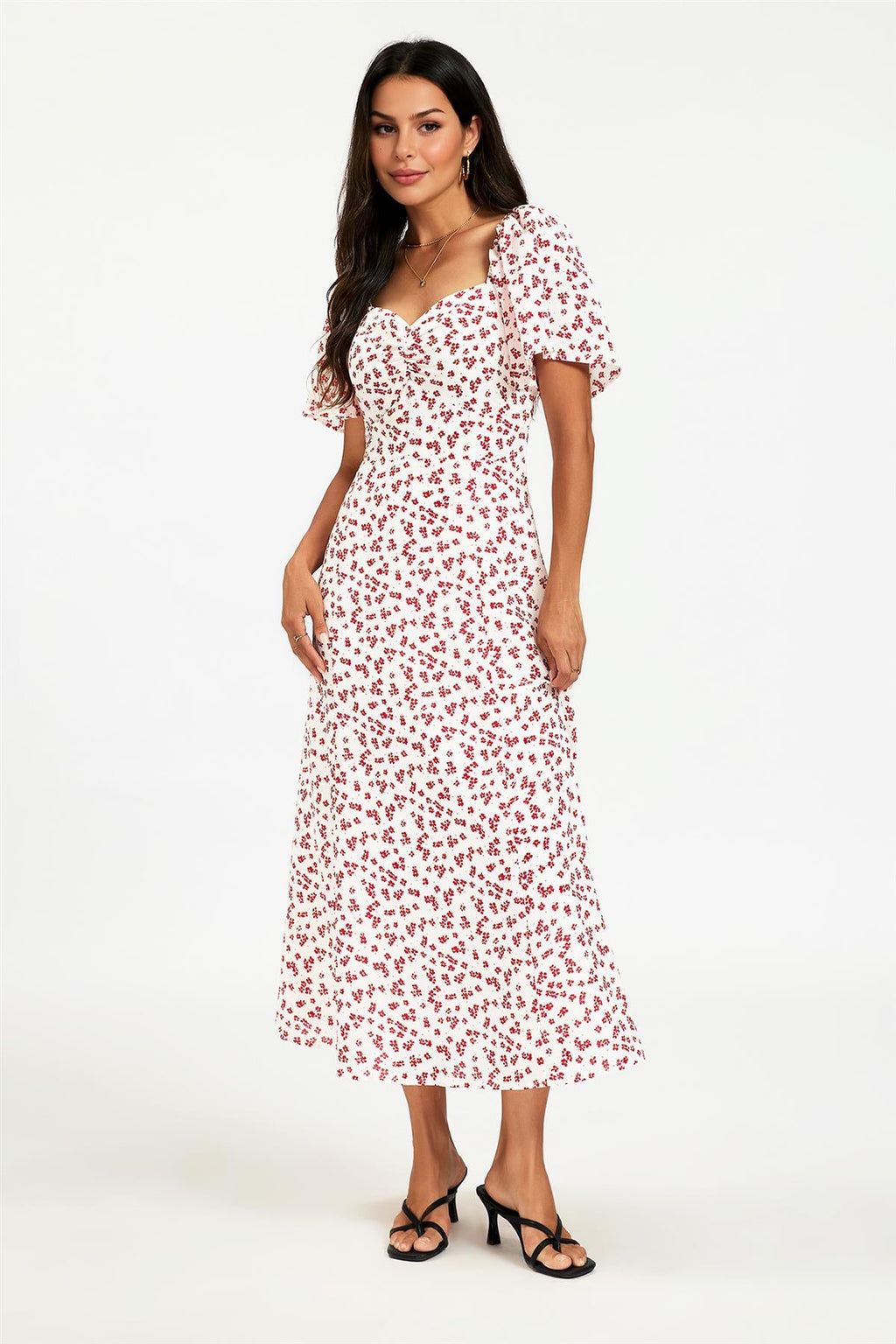 Floral Print Angel Sleeve Heart Neckline Midi Dress In White