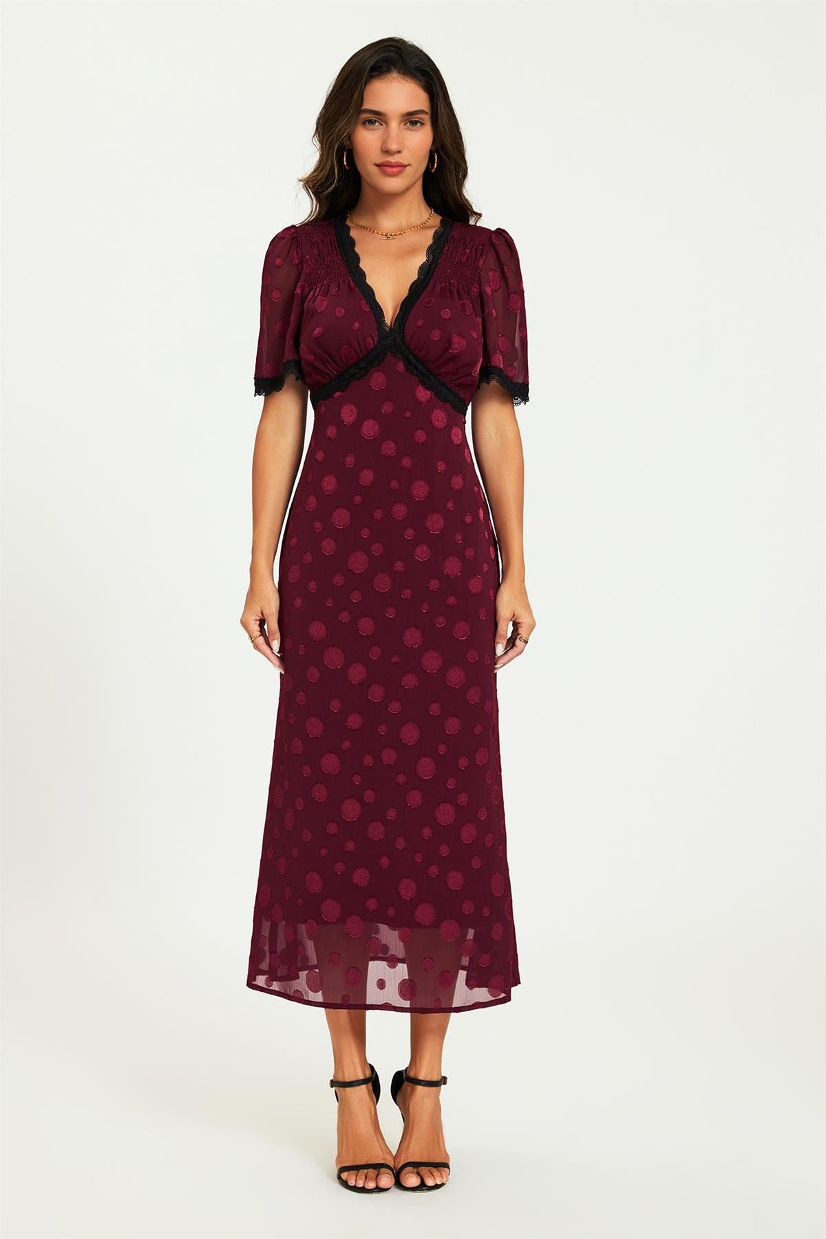Polka Dot Jacquard Lace Trim Midi Dress In Wine